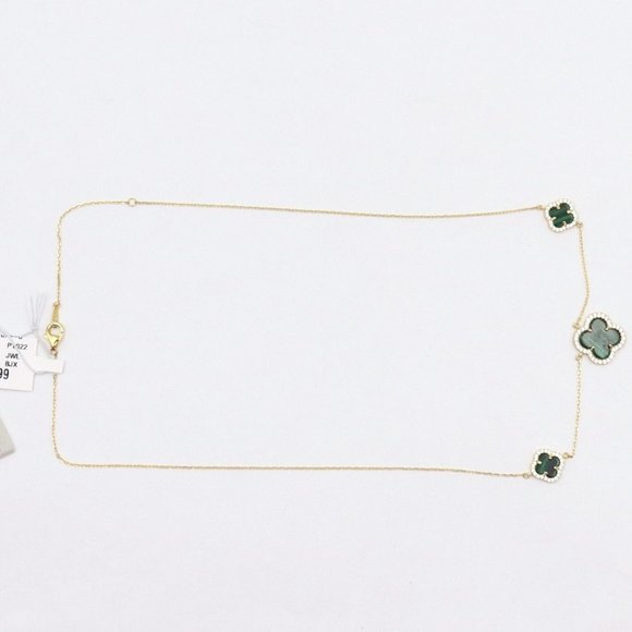 New RACHEL ZOE 18K Gold Silver Malachite Three Clover Cubic Zirconia Necklace - Picture 5 of 12